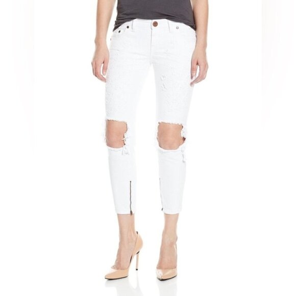 One Teaspoon White Freebirds Skinny Jeans Distressed Straight leg Ankle Zip - Picture 1 of 16